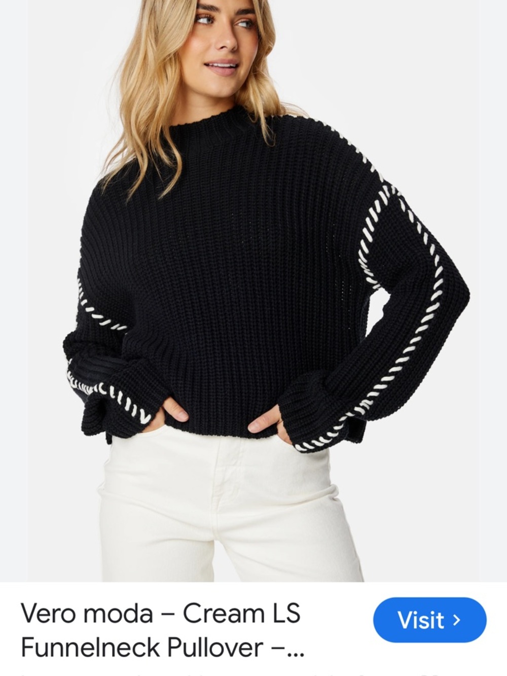 Vero Moda Black Funnelneck Sweater with Cream Rope Trim